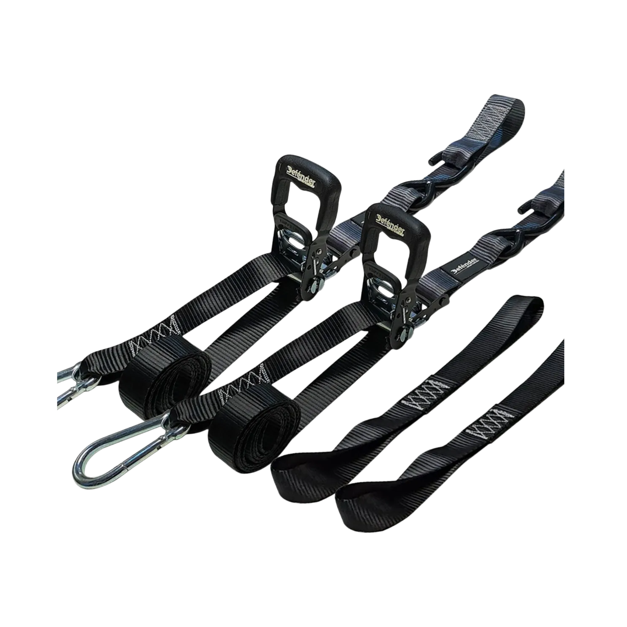 Correa de amarre Defénder con ratchet, fuerza de ruptura de 2,866 lb, 2 unidades, medidas de 2.5 cm x 1.6" para máxima sujeción y resistencia.