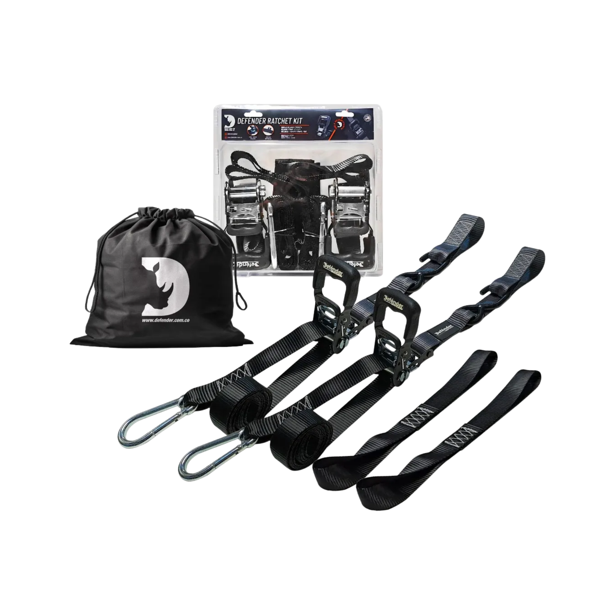 Correa de amarre Defénder con ratchet, fuerza de ruptura de 2,866 lb, 2 unidades, medidas de 2.5 cm x 1.6" para máxima sujeción y resistencia.