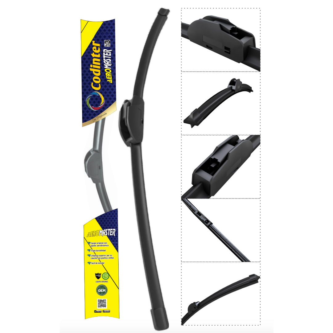 Plumillas de equipamiento original con acero inoxidable y caucho con silicona para un barrido claro y silencioso. Flexibles, duraderas y de alta calidad.