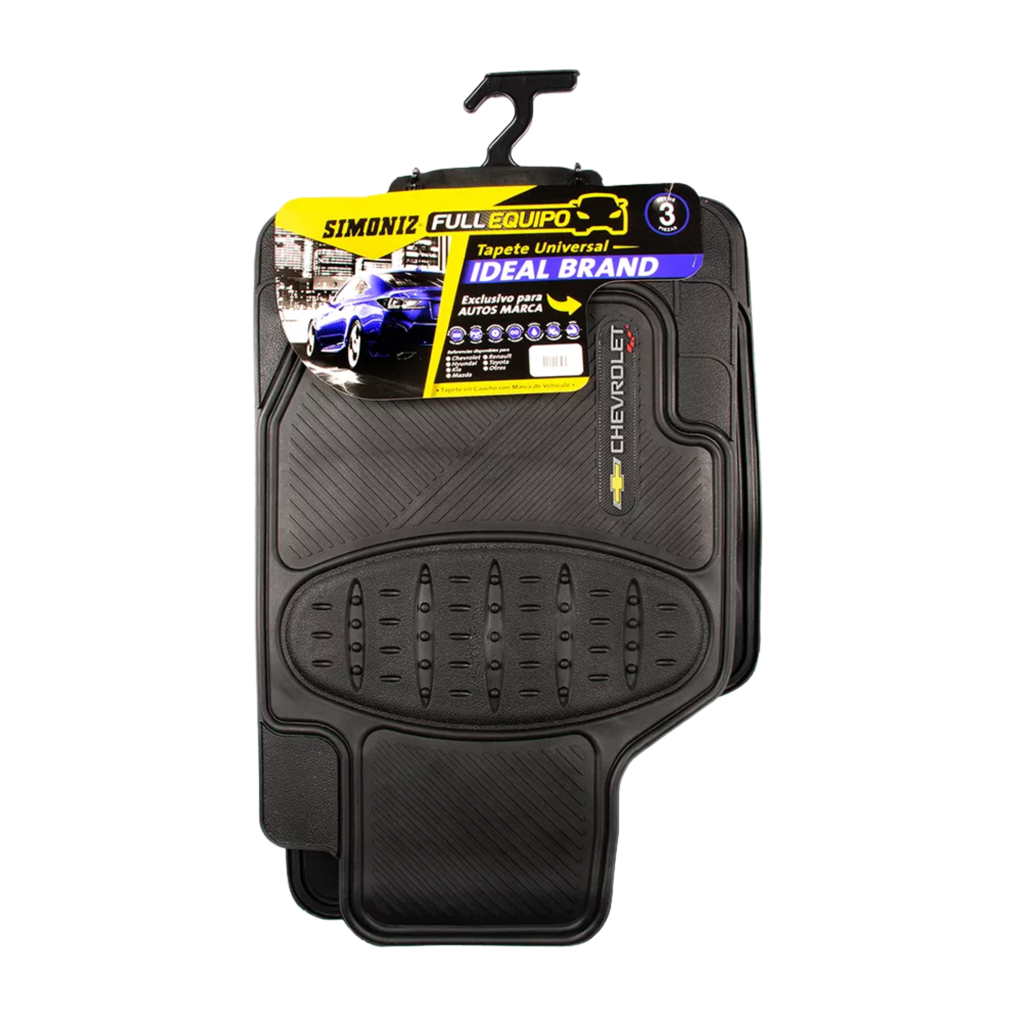 Tapete Chevrolet Simoniz 3 piezas. En PVC resistente, lavable y antideslizante. Protege tu carro con estilo y practicidad.