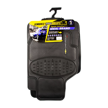 Tapete Chevrolet Simoniz 3 piezas. En PVC resistente, lavable y antideslizante. Protege tu carro con estilo y practicidad.