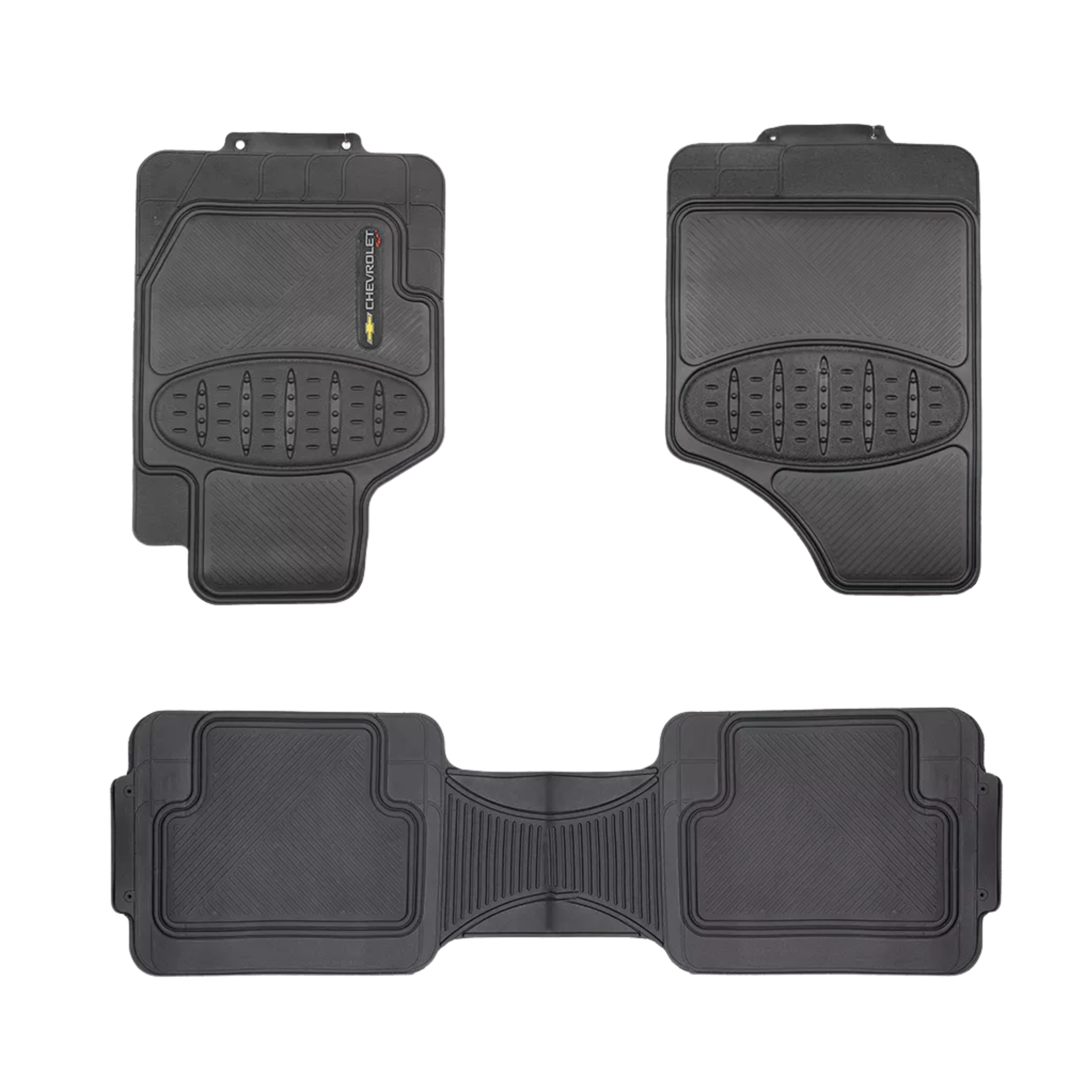 Tapete Chevrolet Simoniz 3 piezas. En PVC resistente, lavable y antideslizante. Protege tu carro con estilo y practicidad.