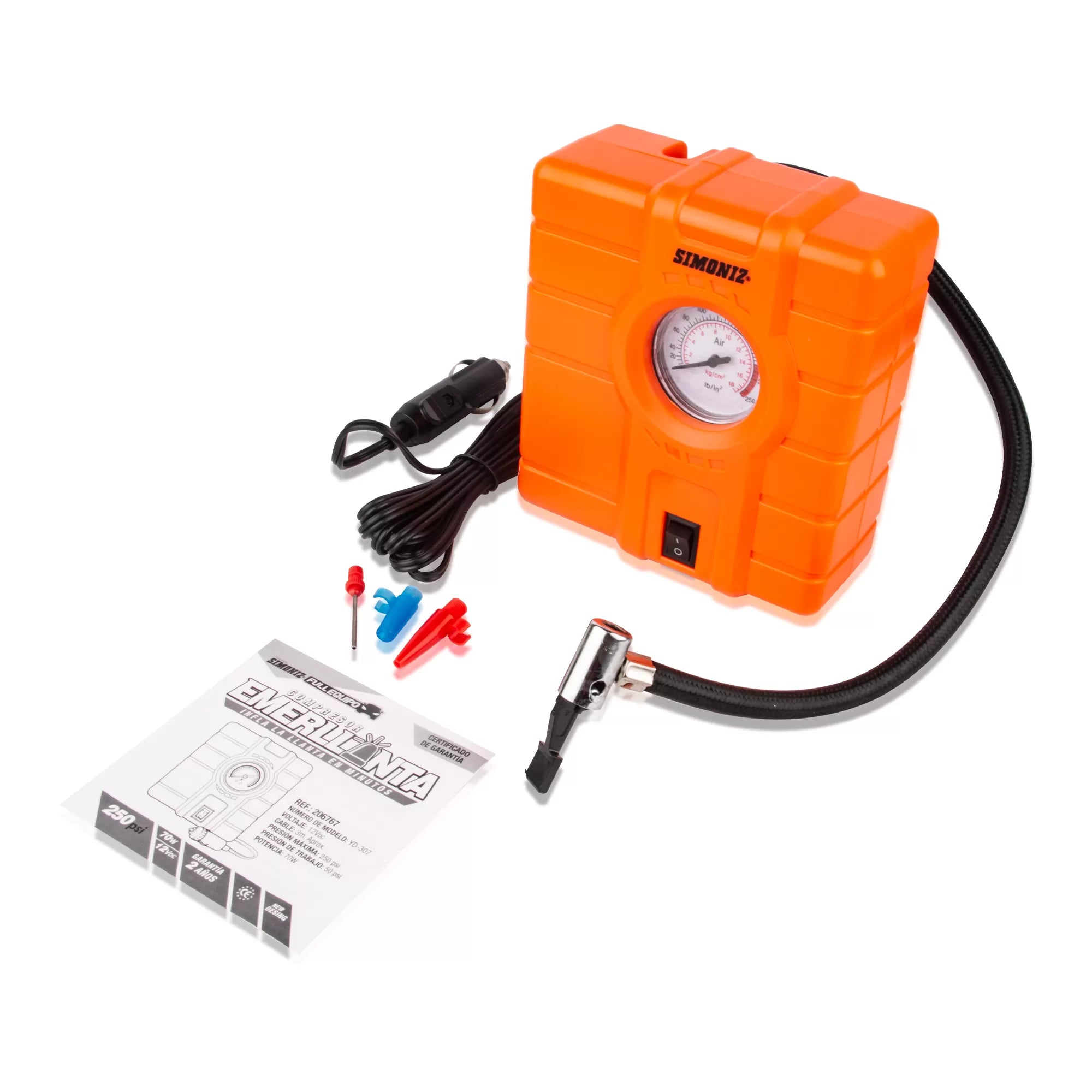 compresor aire simoniz, compresor emergencias auto, inflador llantas portátil, compresor 12v carro, inflador simoniz 70w, compresor compacto auto, inflador con boquillas, compresor manguera flexible