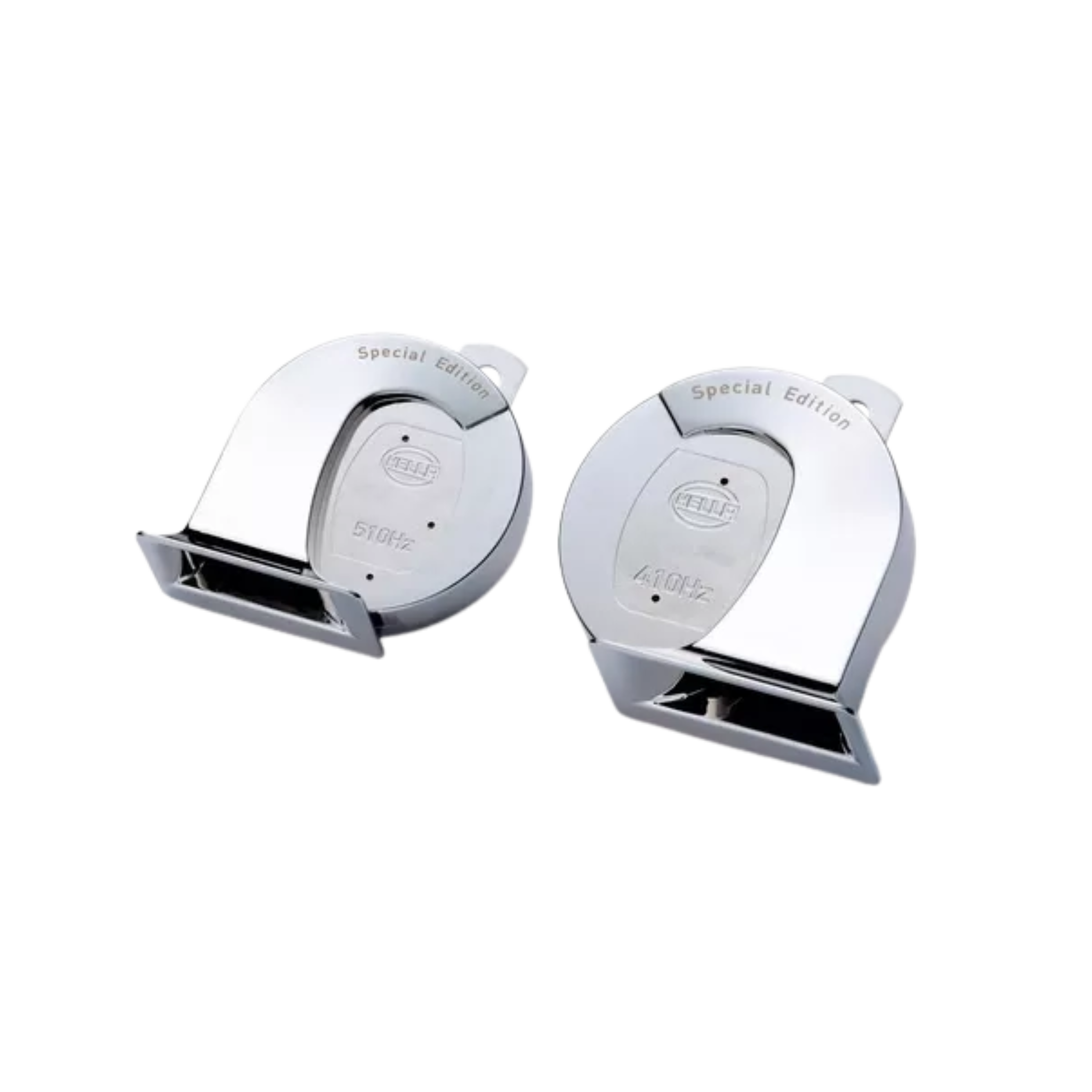 Cornetas Hella cromadas de trompeta 12V, tono alto y bajo. Potentes, universales, 112 dB, alto rendimiento y diseño. Sonido fuerte para máxima seguridad.