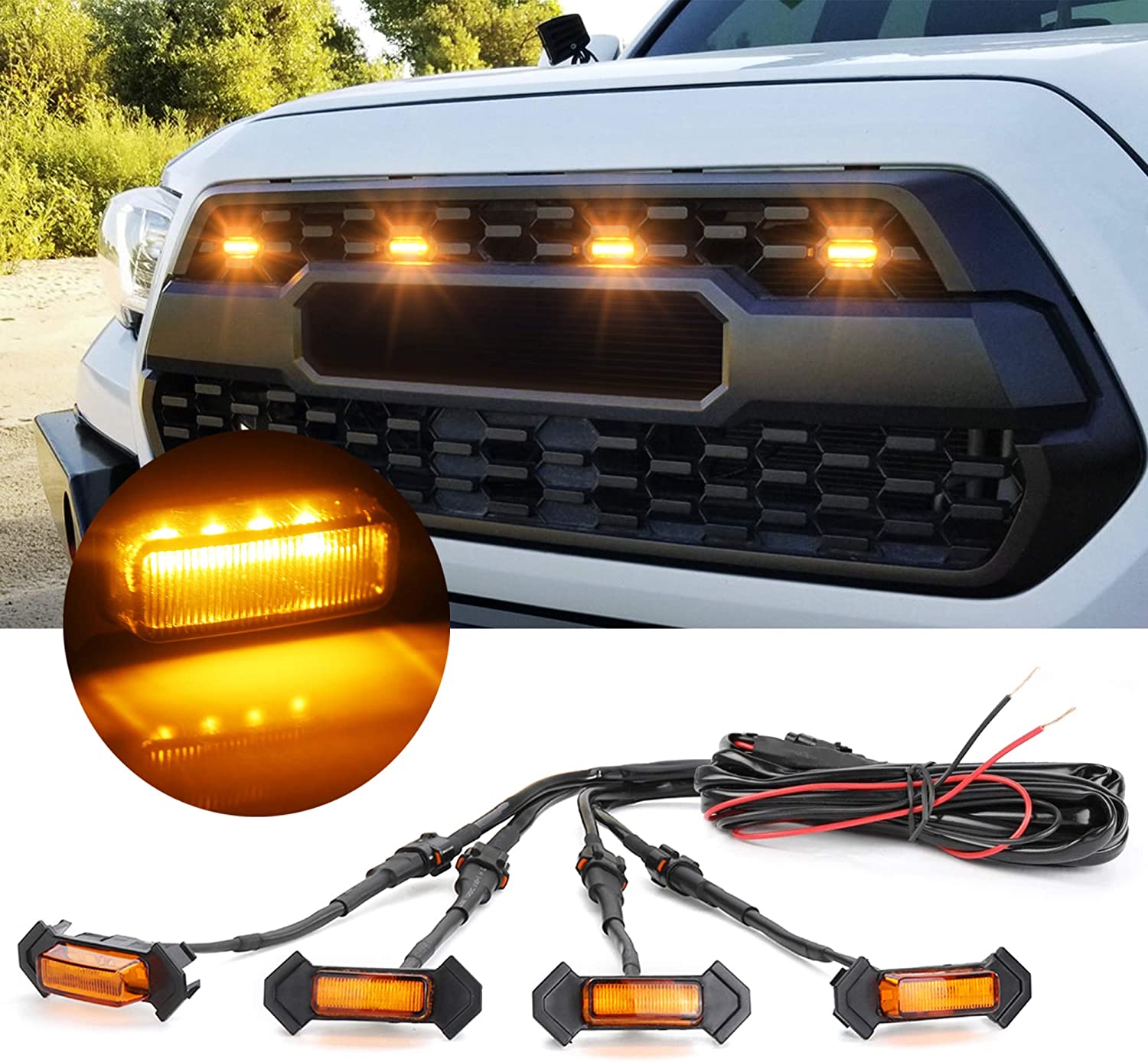 Kit de luces LED ámbar para persiana universal. Mejora la visibilidad y el estilo de tu vehículo con fácil instalación y resistencia al agua.